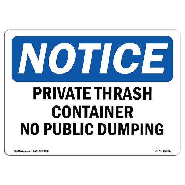Signmission OSHA , 3.5" Height, Private Trash Container No Public Dumping Sign, 5" X 3.5", Landscape OS-NS-D-35-L-16425 - main